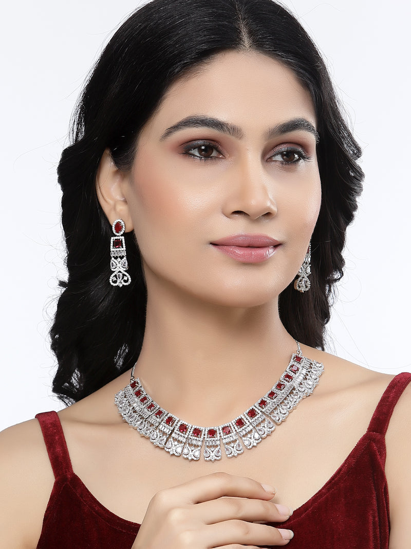 Rhodium-Plated Red & White American Diamonds Studded Choker Necklace & Earrings Jewellery Set