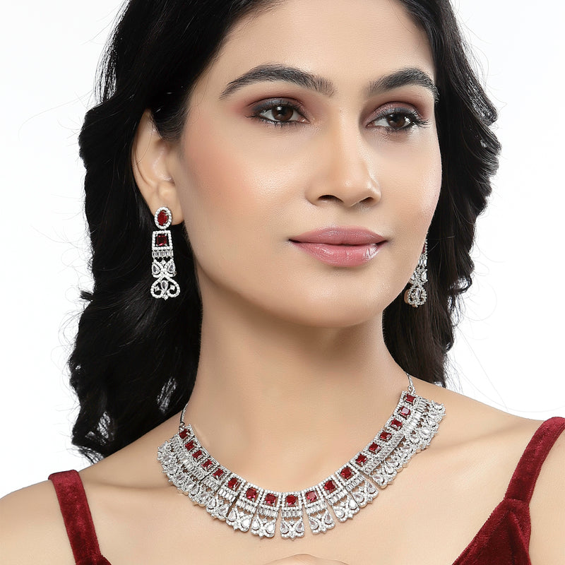 Rhodium-Plated Red & White American Diamonds Studded Choker Necklace & Earrings Jewellery Set