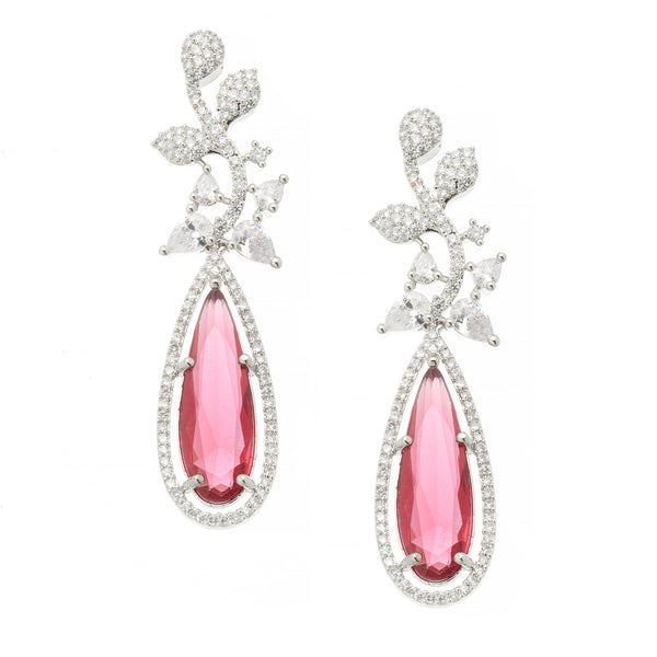 Rhodium-Plated Red American Diamond studded Teardrop & Leaf Shaped Drop Earrings