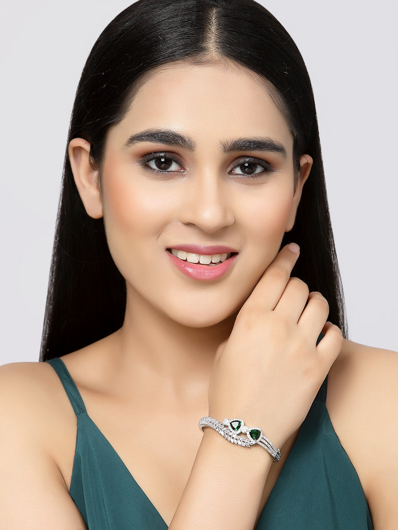 Rhodium-Plated Green American Diamond Studded Teardrop & Leaf Shaped Kada Bracelet