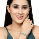 Rhodium-Plated Silver Toned Teardrop & Leaf Shaped Emerald Green American Diamond Studded Bracelet