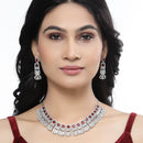 Rhodium-Plated Red & White American Diamonds Studded Choker Necklace & Earrings Jewellery Set