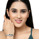 Rhodium-Plated Silver Toned Teardrop & Leaf Shaped Emerald Green American Diamond Studded Bracelet