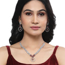 Rhodium-Plated Red American Diamond Studded Star & Leaf Shaped Necklace With Earrings Set