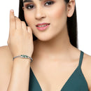 Rhodium-Plated Silver Toned Flower Green American Diamond Studded Bracelet