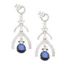 Rhodium-Plated Navy Blue American Diamond studded Teardrop & Quirky Shaped Drop Earrings