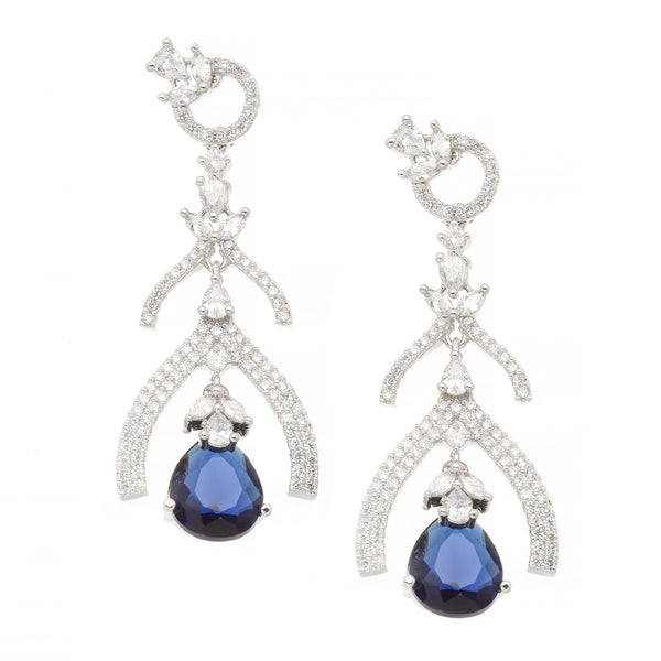 Rhodium-Plated Navy Blue American Diamond studded Teardrop & Quirky Shaped Drop Earrings