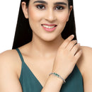 Rhodium-Plated Silver Toned Flower Green American Diamond Studded Bracelet