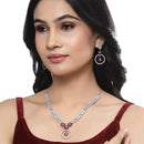 Rhodium-Plated Red American Diamond Studded Star & Leaf Shaped Necklace With Earrings Set