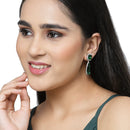 Rhodium-Plated Green & White American Diamond studded Teardrop Shaped Drop Earrings