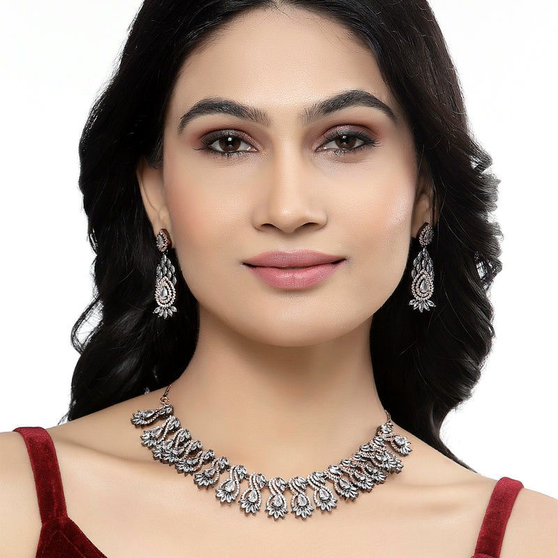 Rose Gold-Plated Gunmetal Toned White American Diamond Studded Traditional Touch Necklace & Earrings Jewellery Set