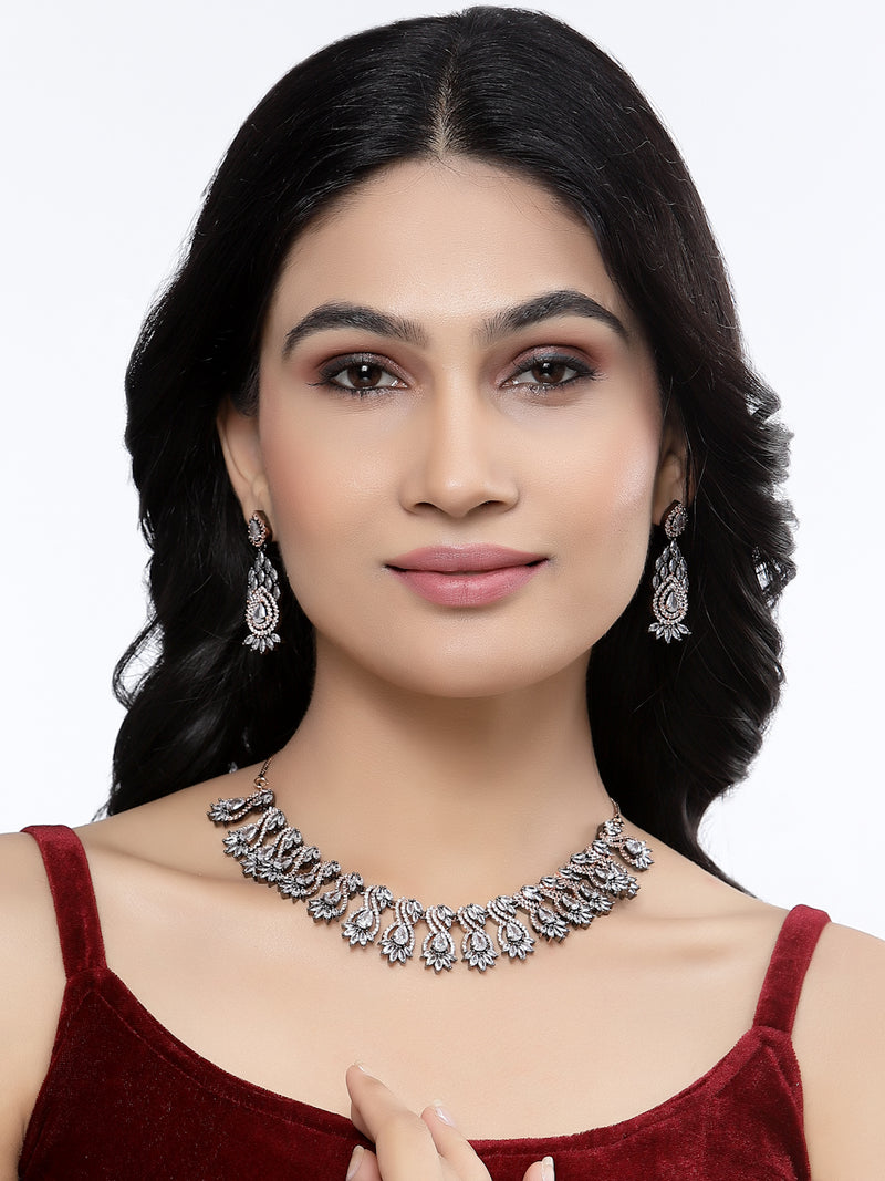 Rose Gold-Plated Gunmetal Toned White American Diamond Studded Traditional Touch Necklace & Earrings Jewellery Set