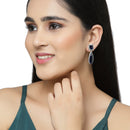 Rhodium-Plated Navy Blue & White American Diamond studded Teardrop Shaped Drop Earrings