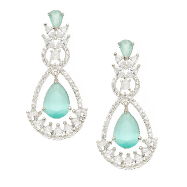 Rhodium-Plated Sea Green American Diamond studded Teardrop & Leaf Shaped Drop Earrings