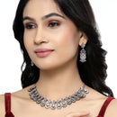 Rose Gold-Plated Gunmetal Toned White American Diamond Studded Traditional Touch Necklace & Earrings Jewellery Set