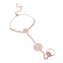 Rose Gold-Plated Flower White American Diamond Studded Hand Chain Link Ring Bracelet