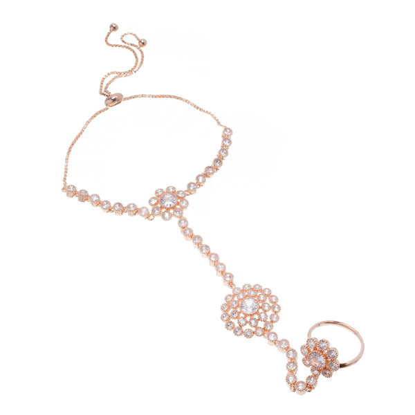 Rose Gold-Plated Flower White American Diamond Studded Hand Chain Link Ring Bracelet