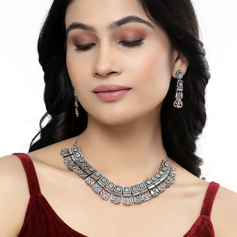 Rose Gold-Plated Gunmetal Toned Sea Green American Diamonds Studded Choker Necklace & Earrings Jewellery Set