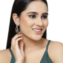 Rhodium-Plated Green & White American Diamond studded Oval & Leaf Shaped Drop Earrings