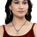 Rose Gold-Plated Gunmetal Toned Pink American Diamond Studded Teardrop & Floral Shape Jewellery Set