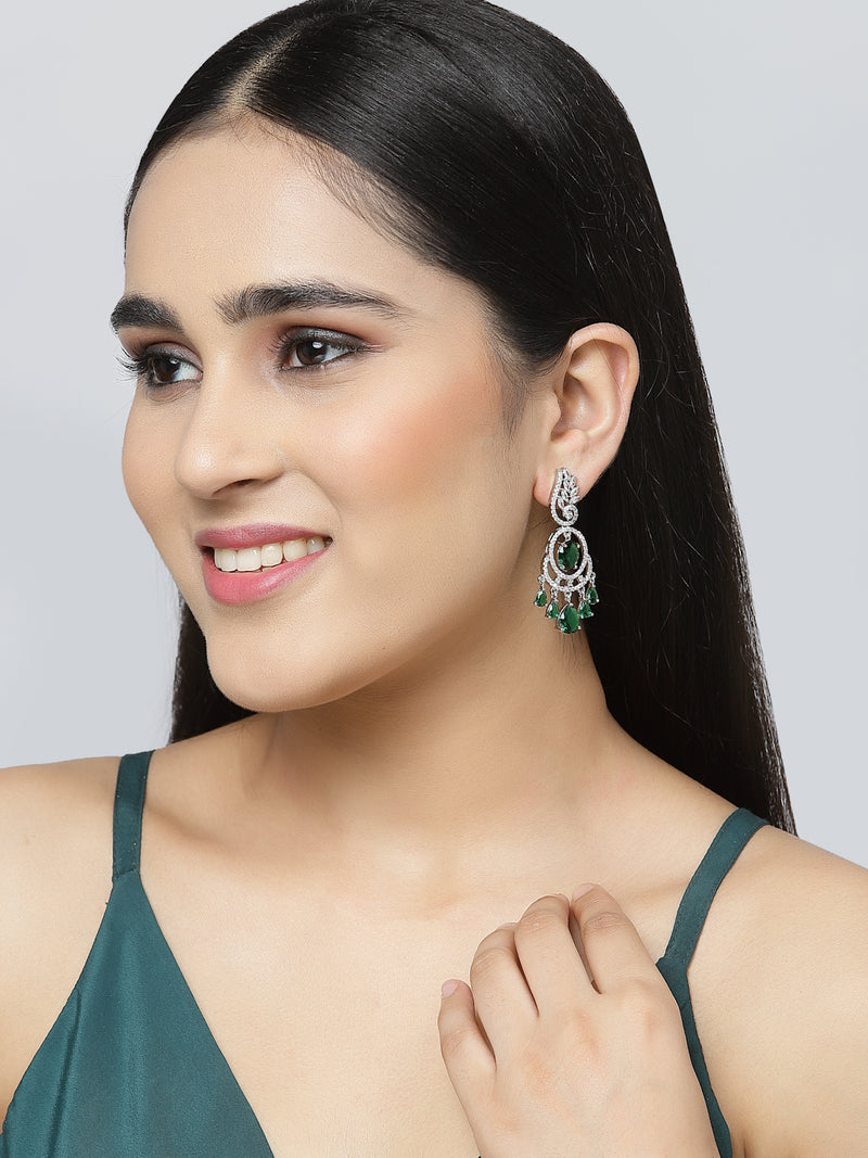 Rhodium-Plated Green & White American Diamond studded Oval & Leaf Shaped Drop Earrings