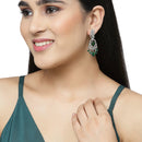 Rhodium-Plated Green & White American Diamond studded Oval & Leaf Shaped Drop Earrings
