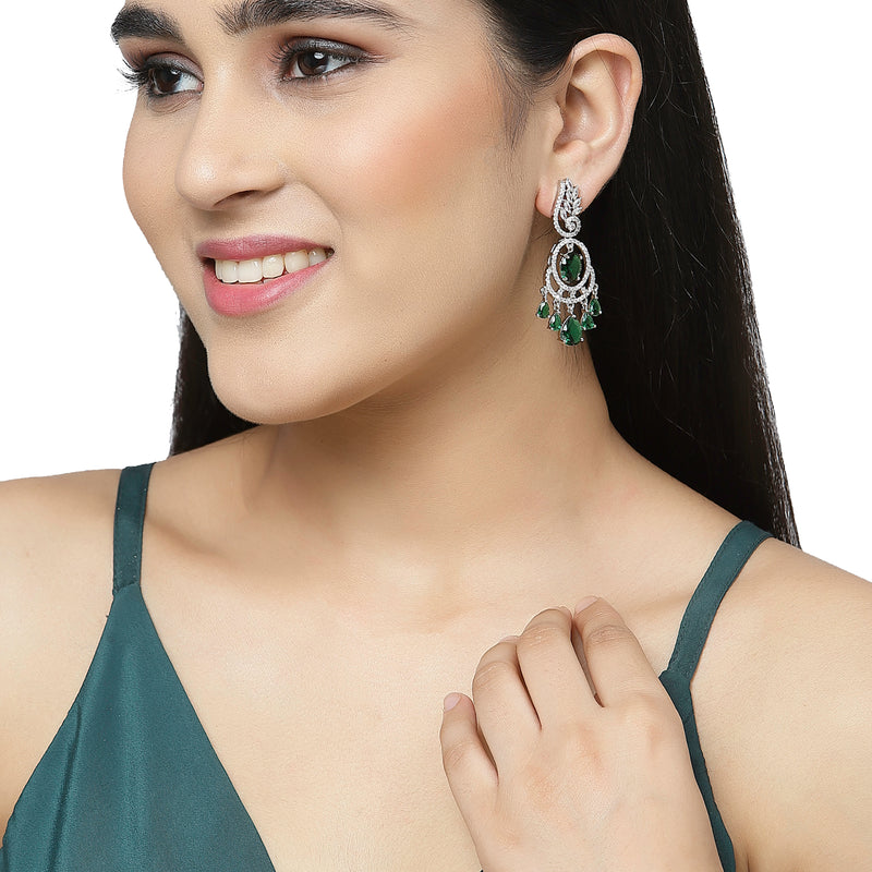 Rhodium-Plated Green & White American Diamond studded Oval & Leaf Shaped Drop Earrings