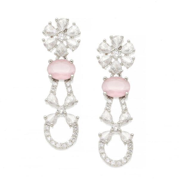 Rhodium-Plated Pink American Diamond studded Floral Shaped Drop Earrings