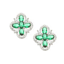 Rhodium-Plated Green American Diamond studded Floral Shaped Stud Earrings