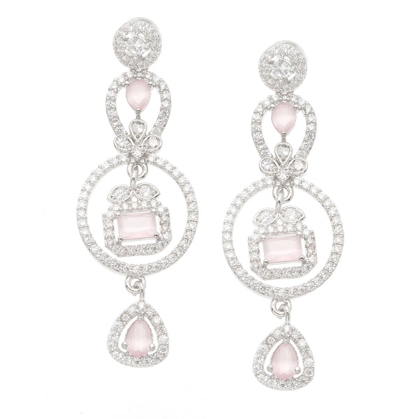 Rhodium-Plated Pink American Diamond studded Circular Shaped Drop Earrings