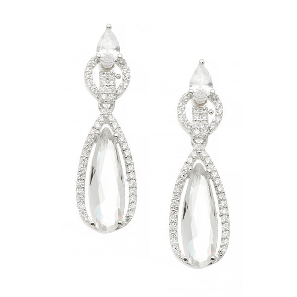 Rhodium-Plated White American Diamond studded Handcrafted Long Teardrop Shaped Drop Earrings