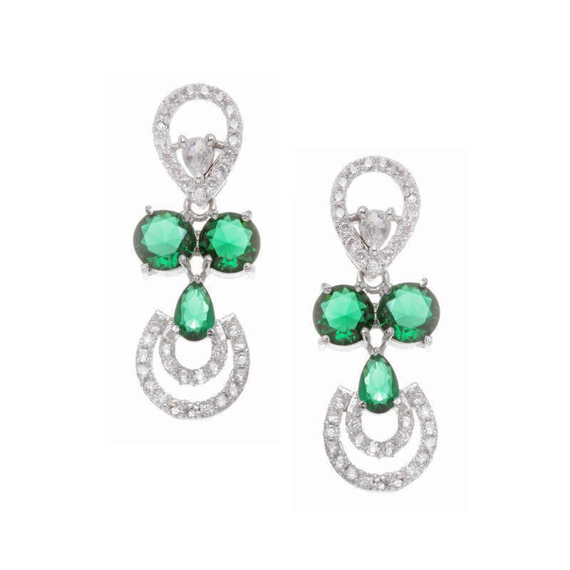 Rhodium-Plated Green American Diamonds Studded Contemporary Necklace & Earrings Jewellery Set