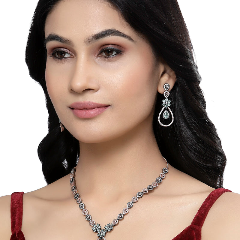 Rose Gold-Plated Gunmetal Toned Sea Green American Diamond Studded Teardrop & Floral Jewellery Set