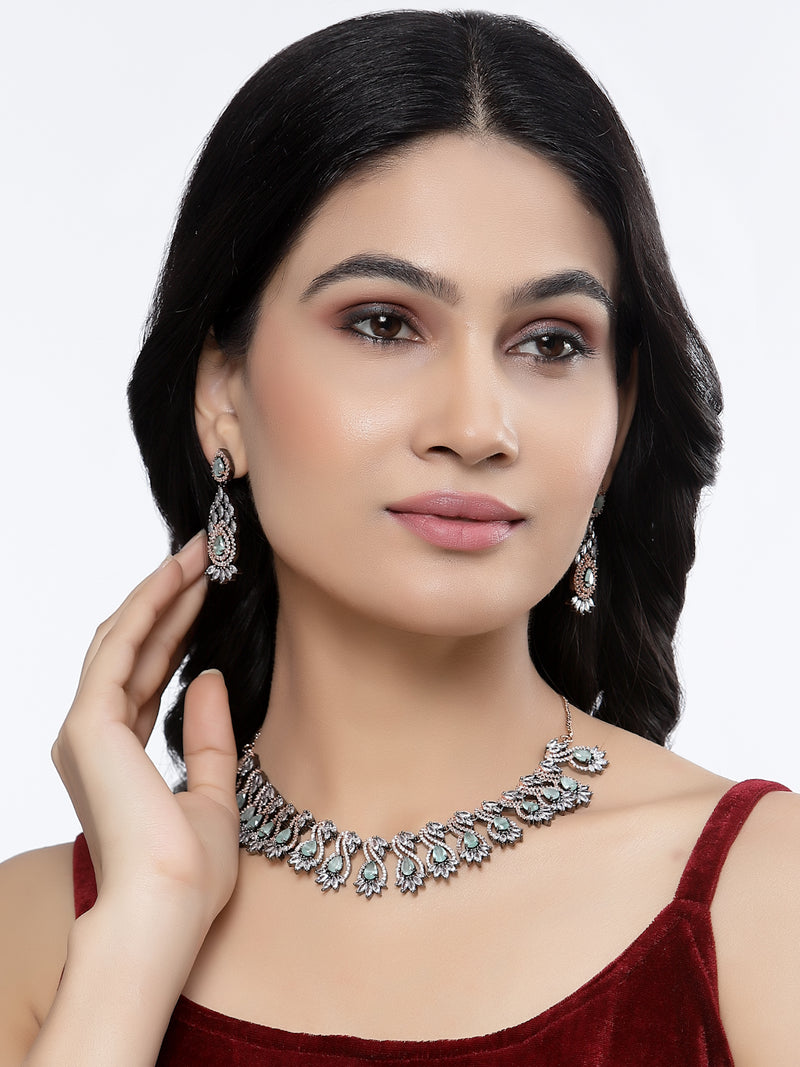 Rose Gold-Plated Gunmetal Toned Sea Green American Diamond Studded Traditional Touch Necklace & Earrings Jewellery Set