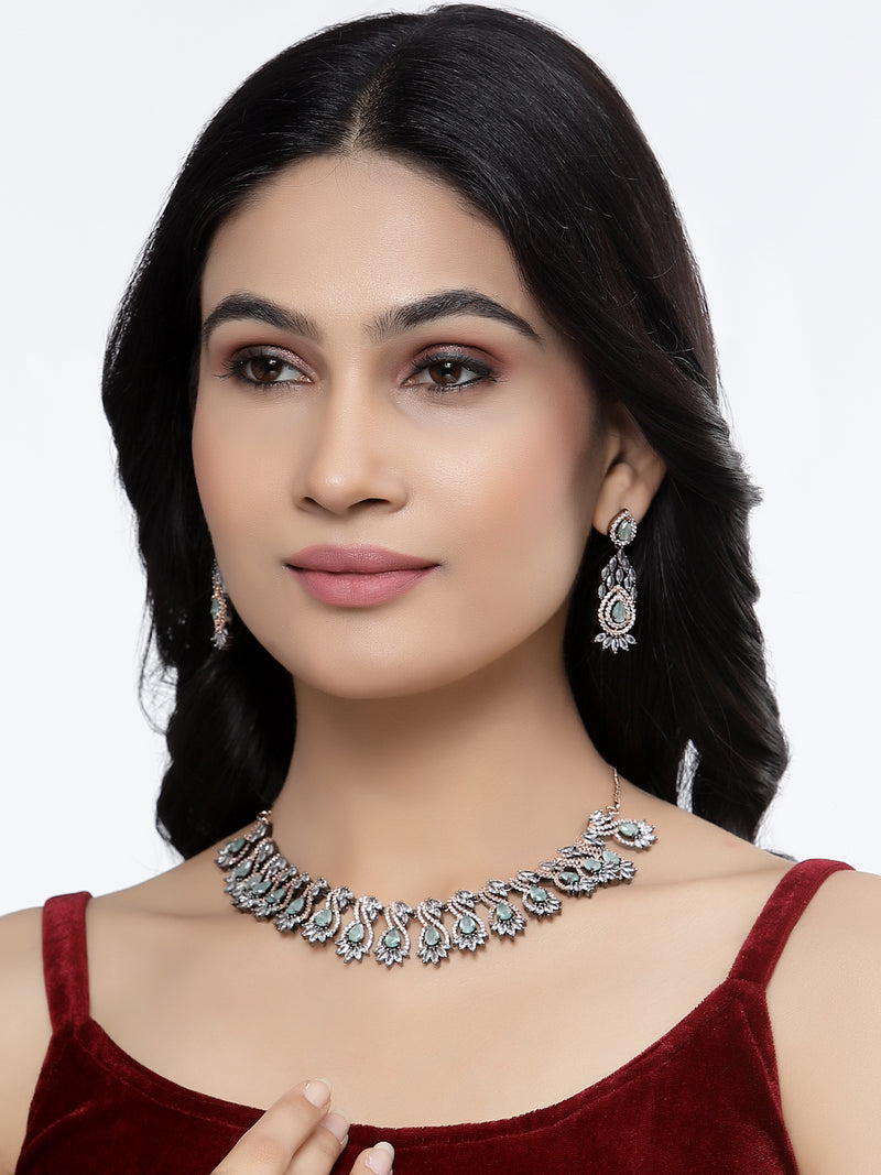 Rose Gold-Plated Gunmetal Toned Sea Green American Diamond Studded Traditional Touch Necklace & Earrings Jewellery Set