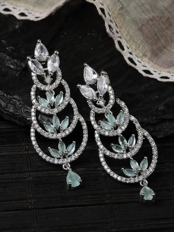 Rhodium-Plated Silver Toned Sea Green & White American Diamond studded Crescent Shaped Drop Earrings