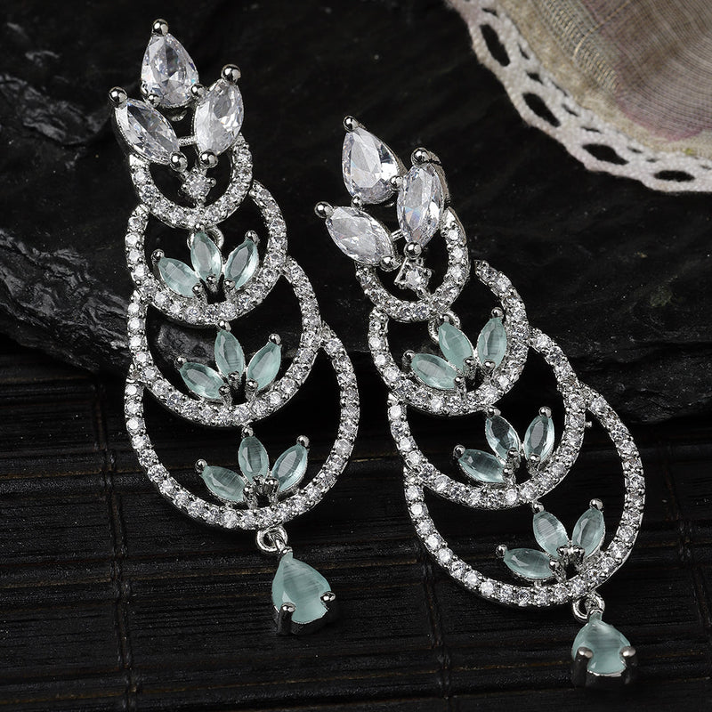 Rhodium-Plated Silver Toned Sea Green & White American Diamond studded Crescent Shaped Drop Earrings