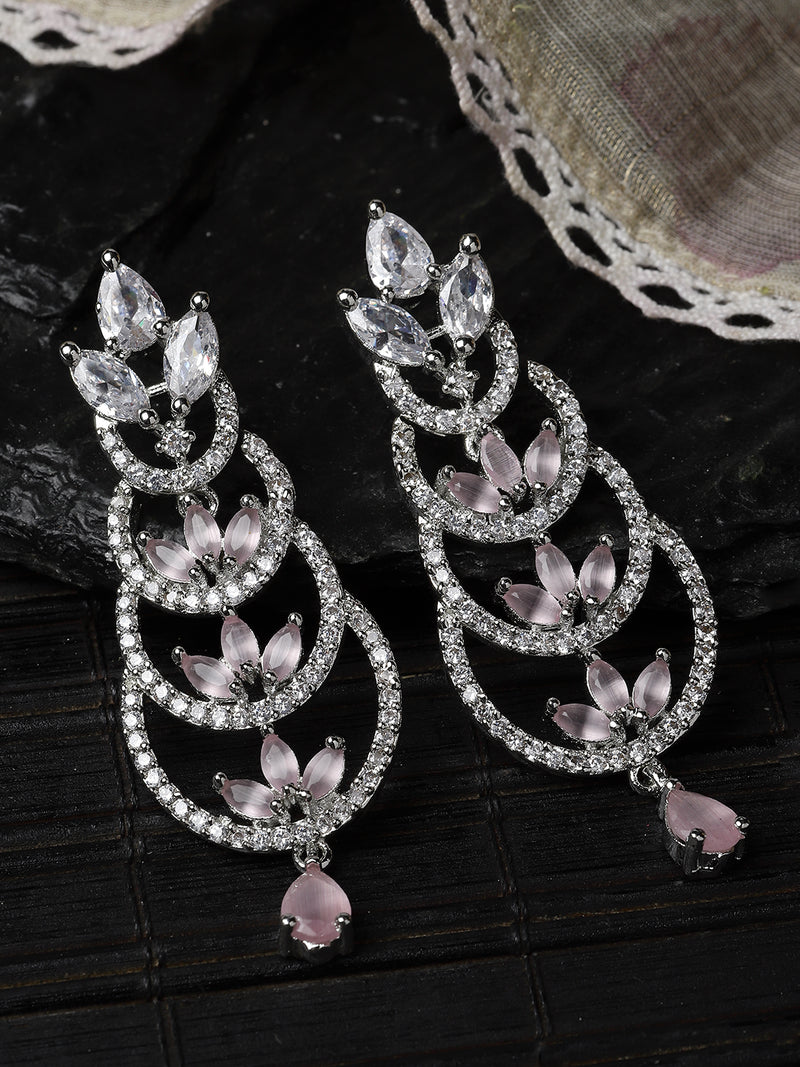 Rhodium-Plated Silver Toned Pink & White American Diamond studded Crescent Shaped Drop Earrings