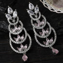 Rhodium-Plated Silver Toned Pink & White American Diamond studded Crescent Shaped Drop Earrings