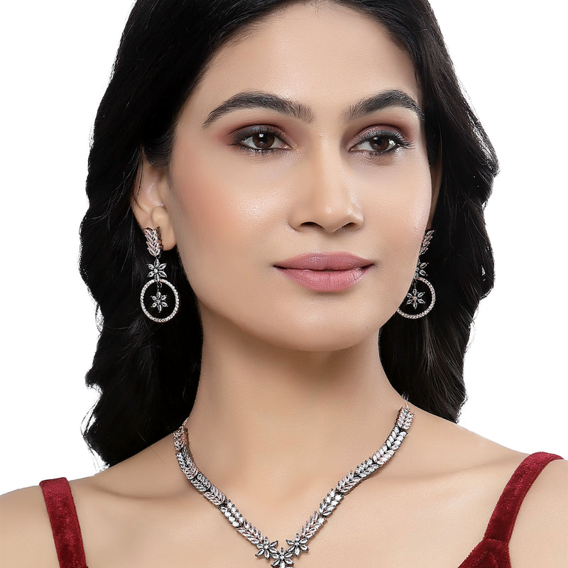 Rose Gold-Plated Gunmetal Toned White American Diamond Studded Star & Leaf Shaped Jewellery Set