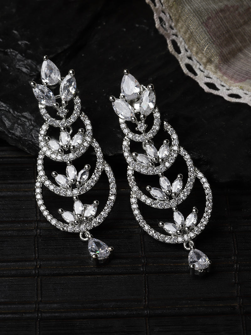 Rhodium-Plated Silver Toned White American Diamond studded Crescent Shaped Drop Earrings