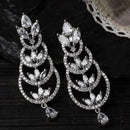 Rhodium-Plated Silver Toned White American Diamond studded Crescent Shaped Drop Earrings