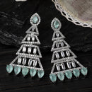 Rhodium-Plated Silver Toned Sea Green & White American Diamond studded Triangular Shaped Drop Earrings