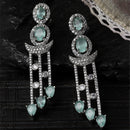 Rhodium-Plated Silver Toned Sea Green & White American Diamond studded Crescent Shaped Drop Earrings
