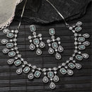 Rhodium-Plated Silver Tone Square Sea Green American Diamond Studded Necklace with Earrings Jewellery Set