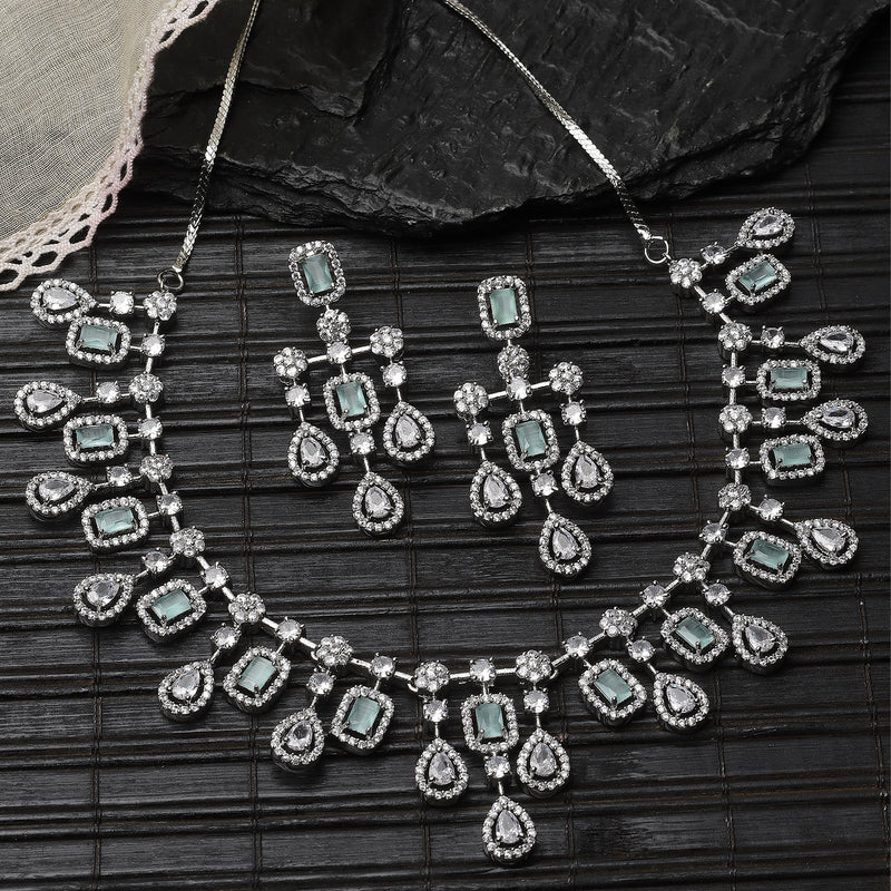 Rhodium-Plated Silver Tone Square Sea Green American Diamond Studded Necklace with Earrings Jewellery Set