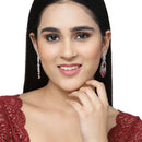 Rhodium-Plated Red & White American Diamond studded Oval & Leaf Shaped Drop Earrings