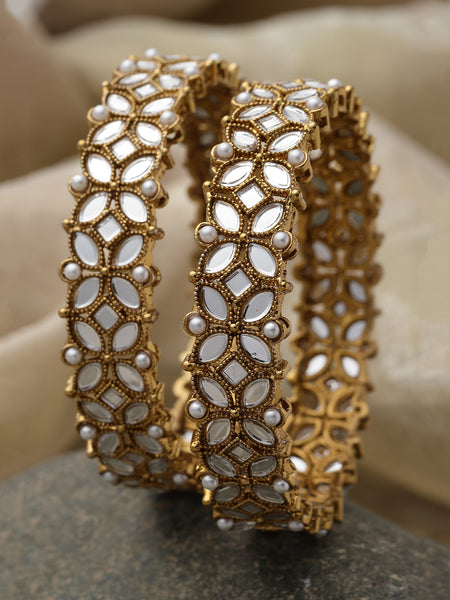Gold-Plated White Kundan studded Designer Floral Style Bangles Jewellery Set (Set Of 2)