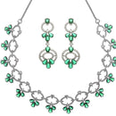 Rhodium-Plated Green Oval American Diamond Studded Circular Shaped Necklace & Earrings Jewellery Set