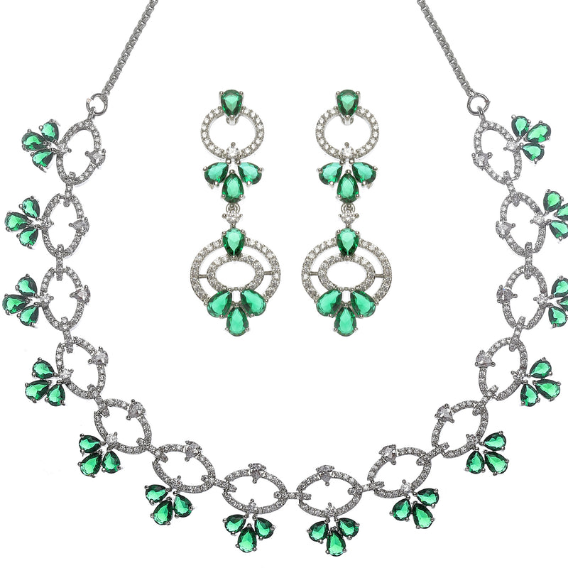 Rhodium-Plated Green Oval American Diamond Studded Circular Shaped Necklace & Earrings Jewellery Set